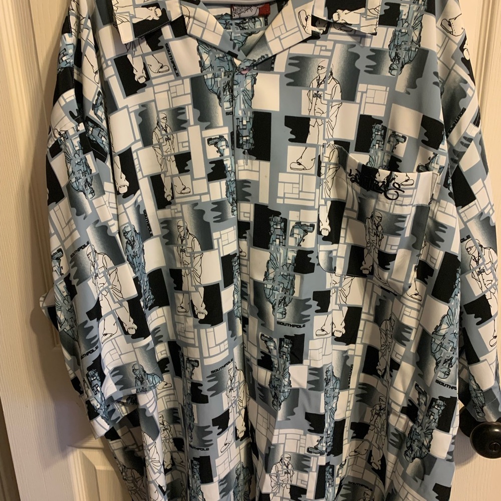 South Pole Button Down Shirt in Black and White with Geometric Pattern